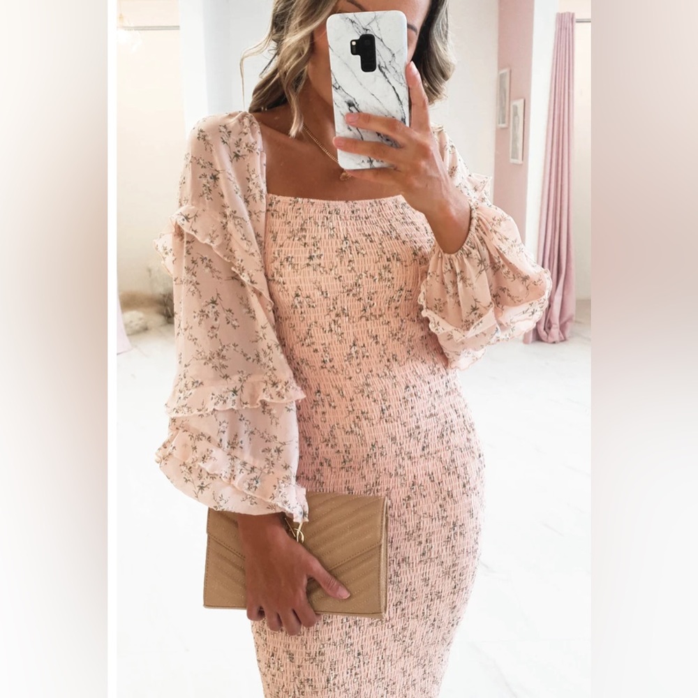 Two Sisters Label Midi Dress Shirred Stretch Bodycon Pink Floral Cocktail Size 8 - Picture 3 of 13